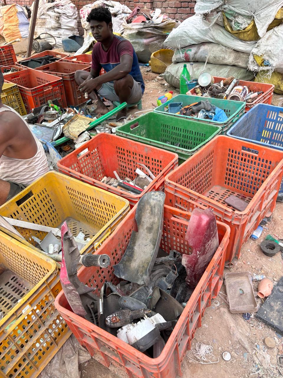 Workers sorting recyclable plastics into colour-coded crates